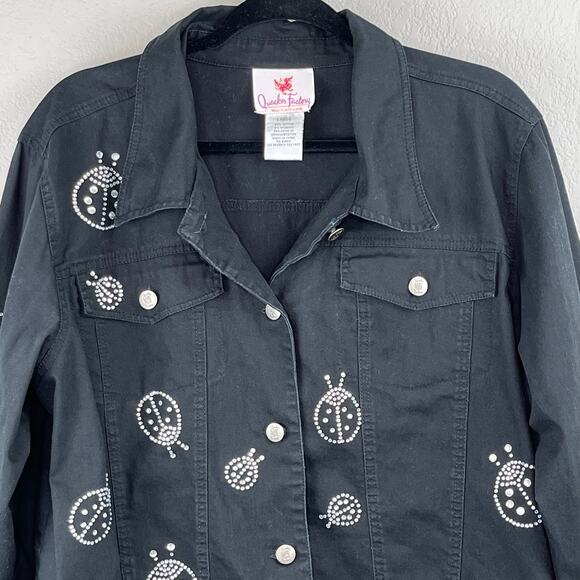 Quacker Factory Black Denim Ladybug Rhinestone Embellished Button Jacket Large - Picture 4 of 14